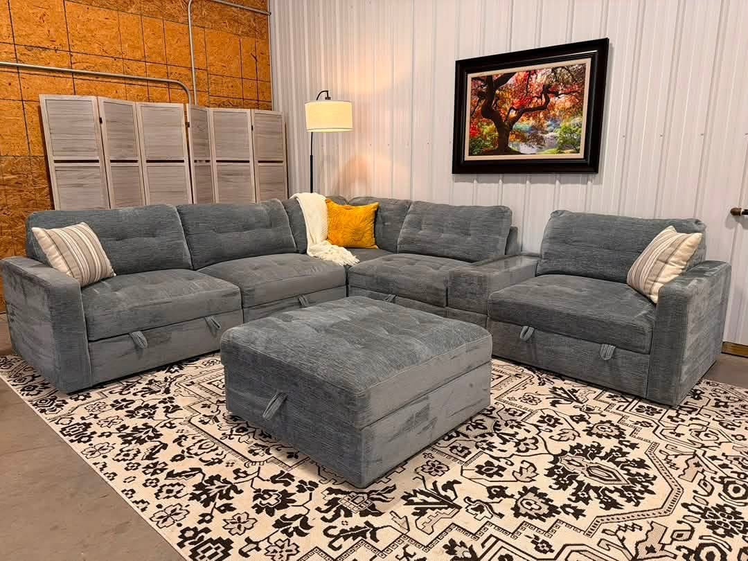 7 Piece Modular Light Blue/Gray Sectional + Storage Ottoman