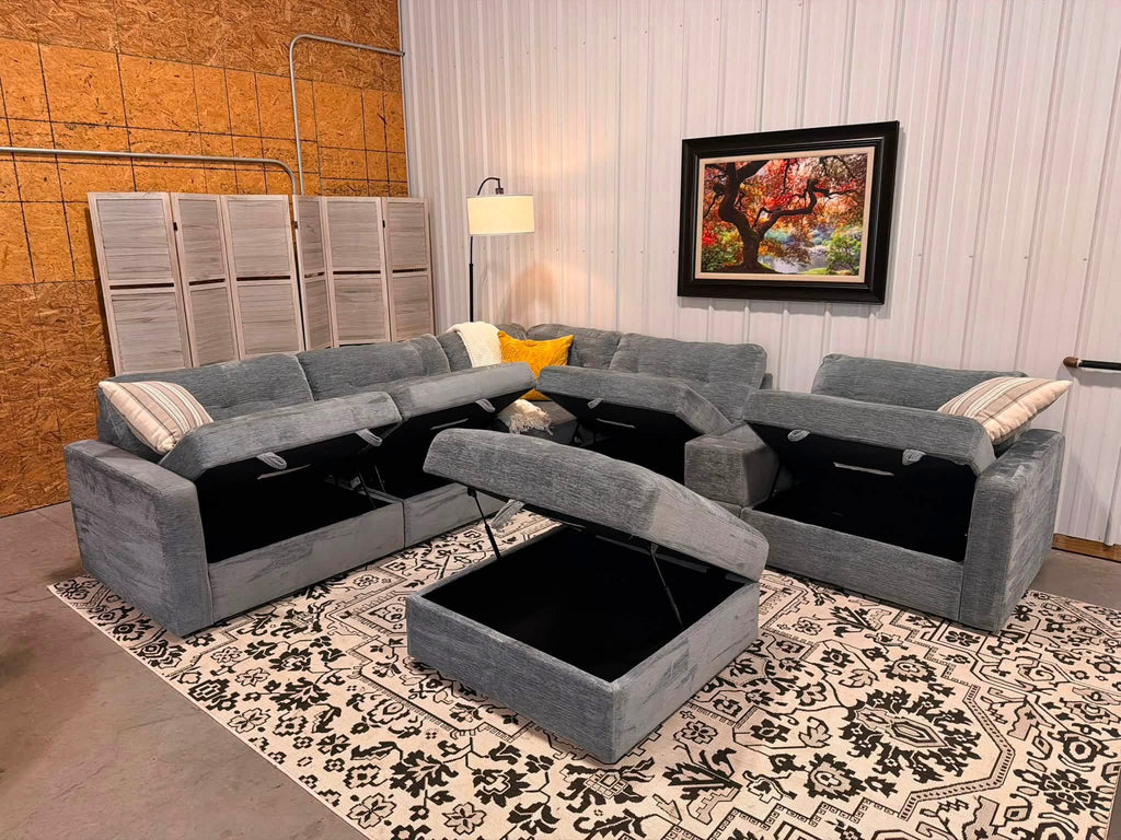 7 Piece Modular Light Blue/Gray Sectional + Storage Ottoman