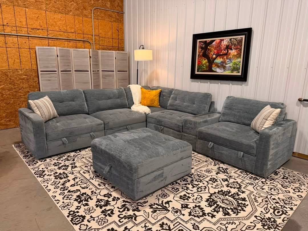 7 Piece Modular Light Blue/Gray Sectional + Storage Ottoman