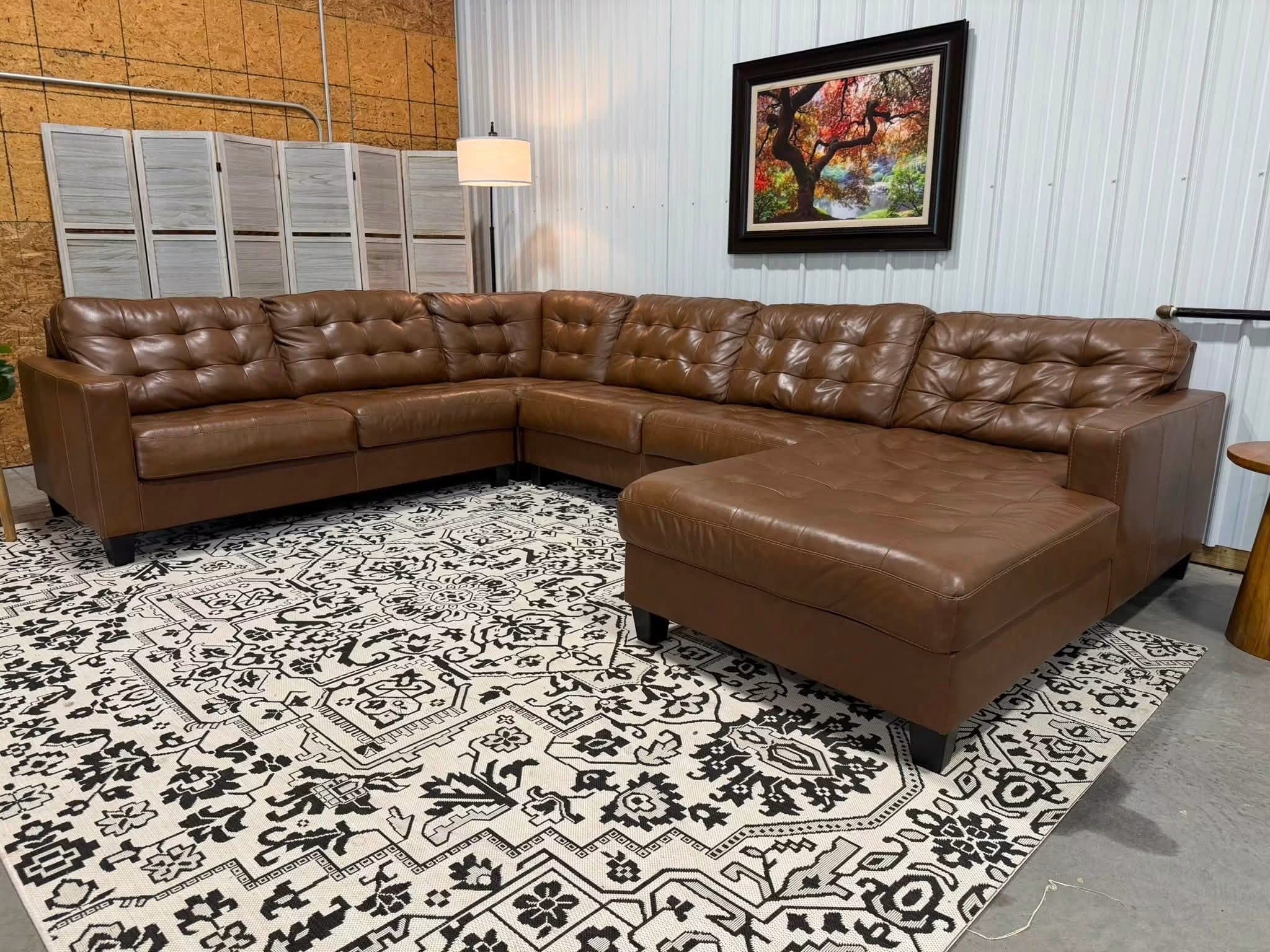 4 Piece Cognac Genuine Leather Sectional w/ Chaise
