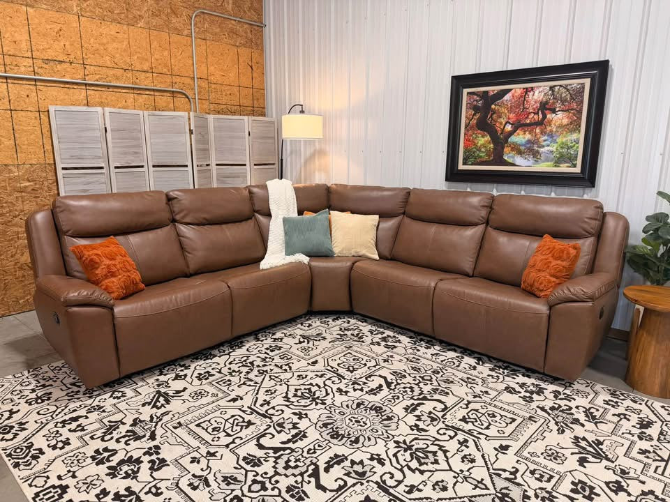 5 Piece Cognac Leather Reclining Modular Sectional by RoomSense
