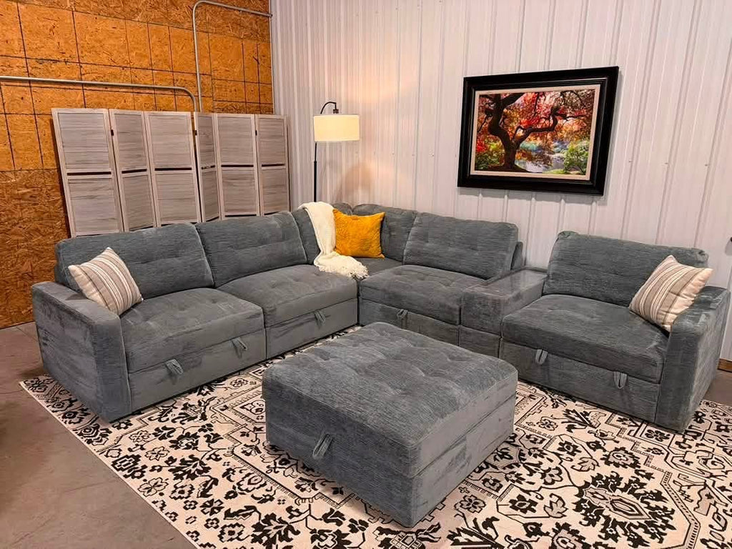 7 Piece Modular Light Blue/Gray Sectional + Storage Ottoman
