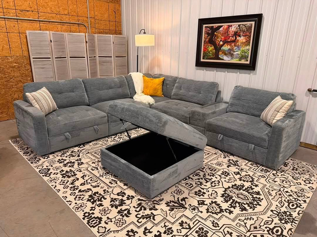7 Piece Modular Light Blue/Gray Sectional + Storage Ottoman
