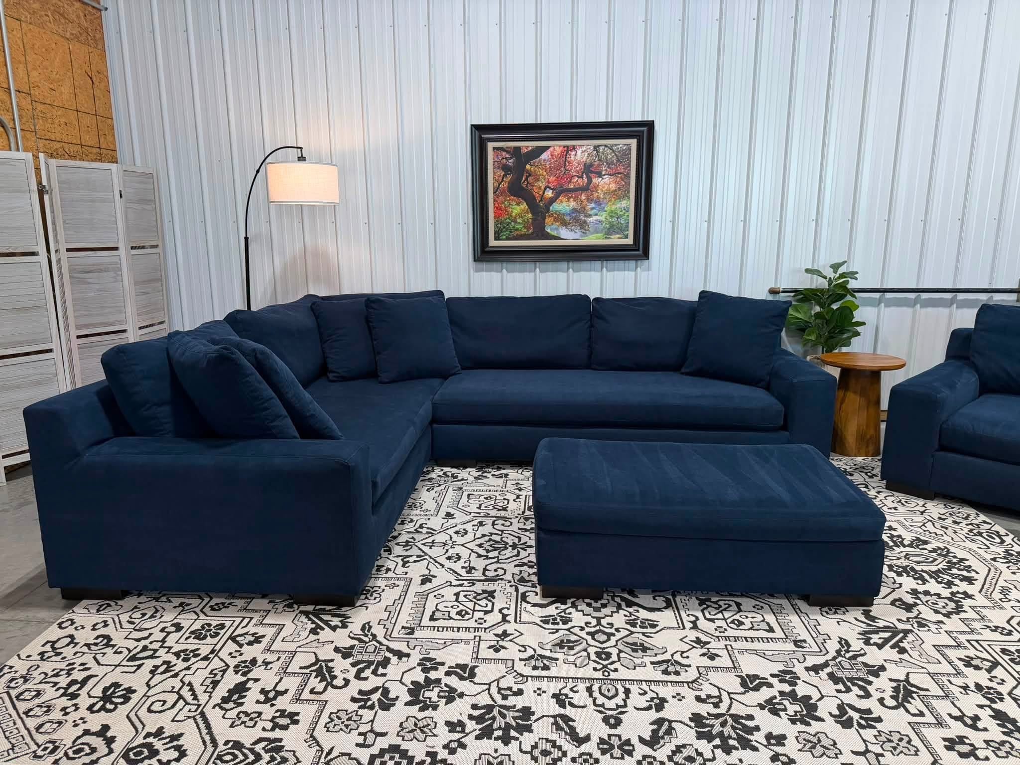 2 Piece Navy Blue Sectional + Oversized Chair & Ottoman