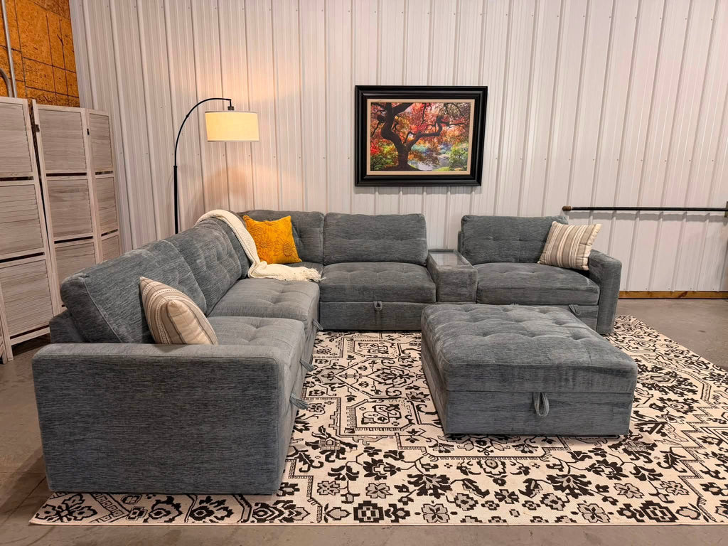 7 Piece Modular Light Blue/Gray Sectional + Storage Ottoman