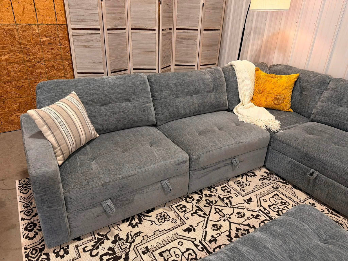 7 Piece Modular Light Blue/Gray Sectional + Storage Ottoman