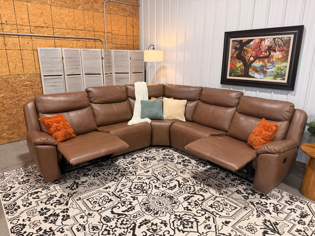 5 Piece Cognac Leather Reclining Modular Sectional by RoomSense