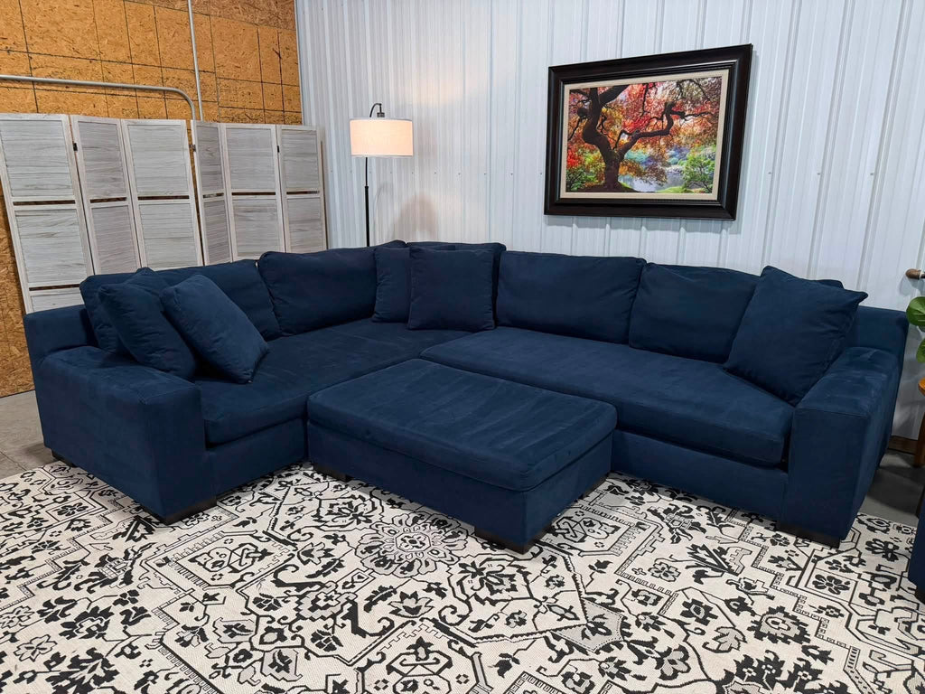 2 Piece Navy Blue Sectional + Oversized Chair & Ottoman