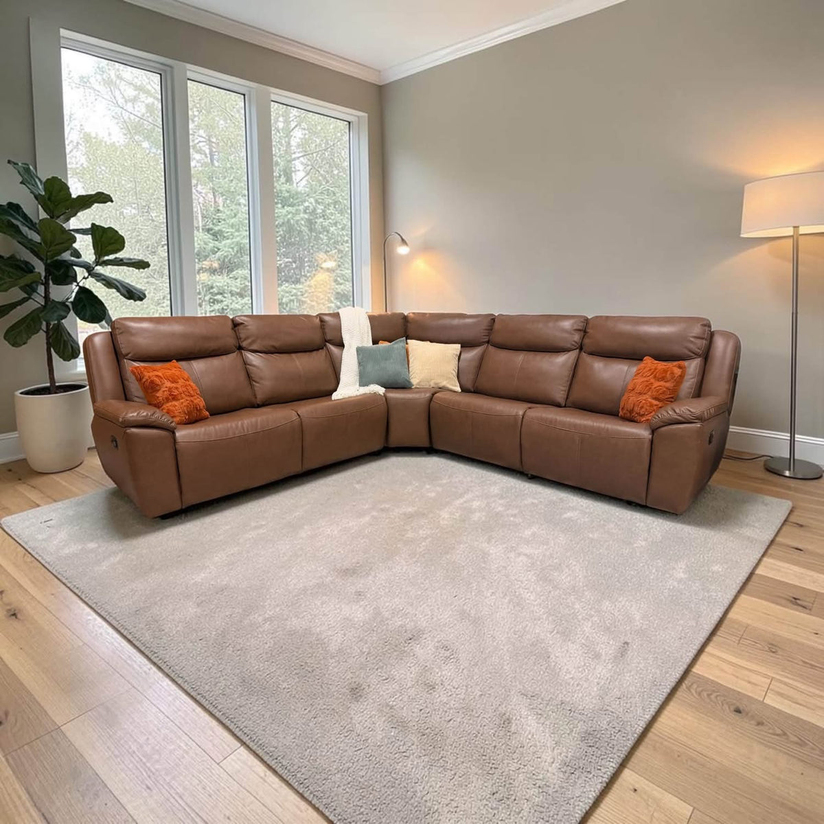 5 Piece Cognac Leather Reclining Modular Sectional by RoomSense
