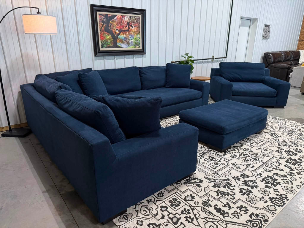2 Piece Navy Blue Sectional + Oversized Chair & Ottoman