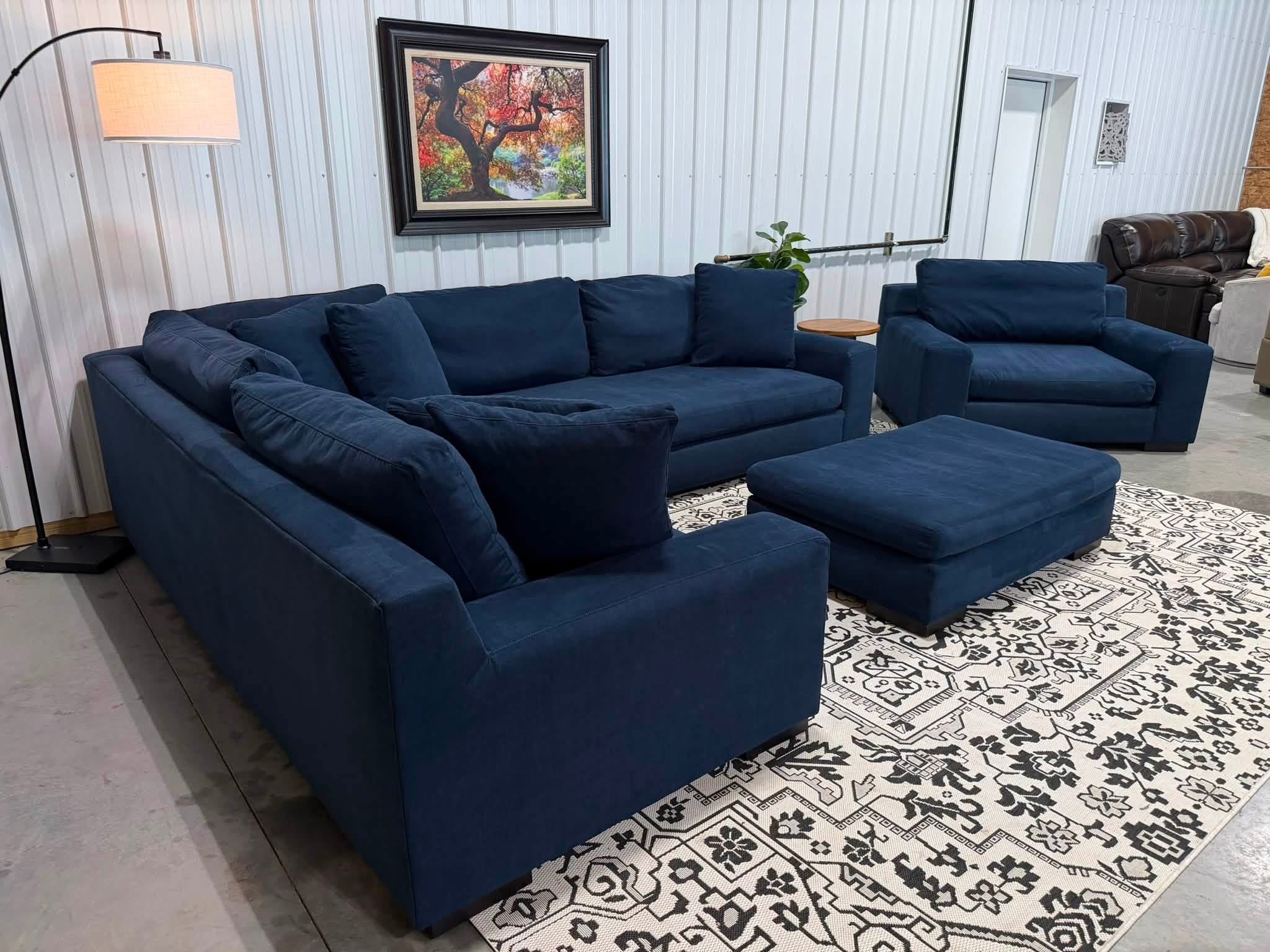 2 Piece Navy Blue Sectional + Oversized Chair & Ottoman