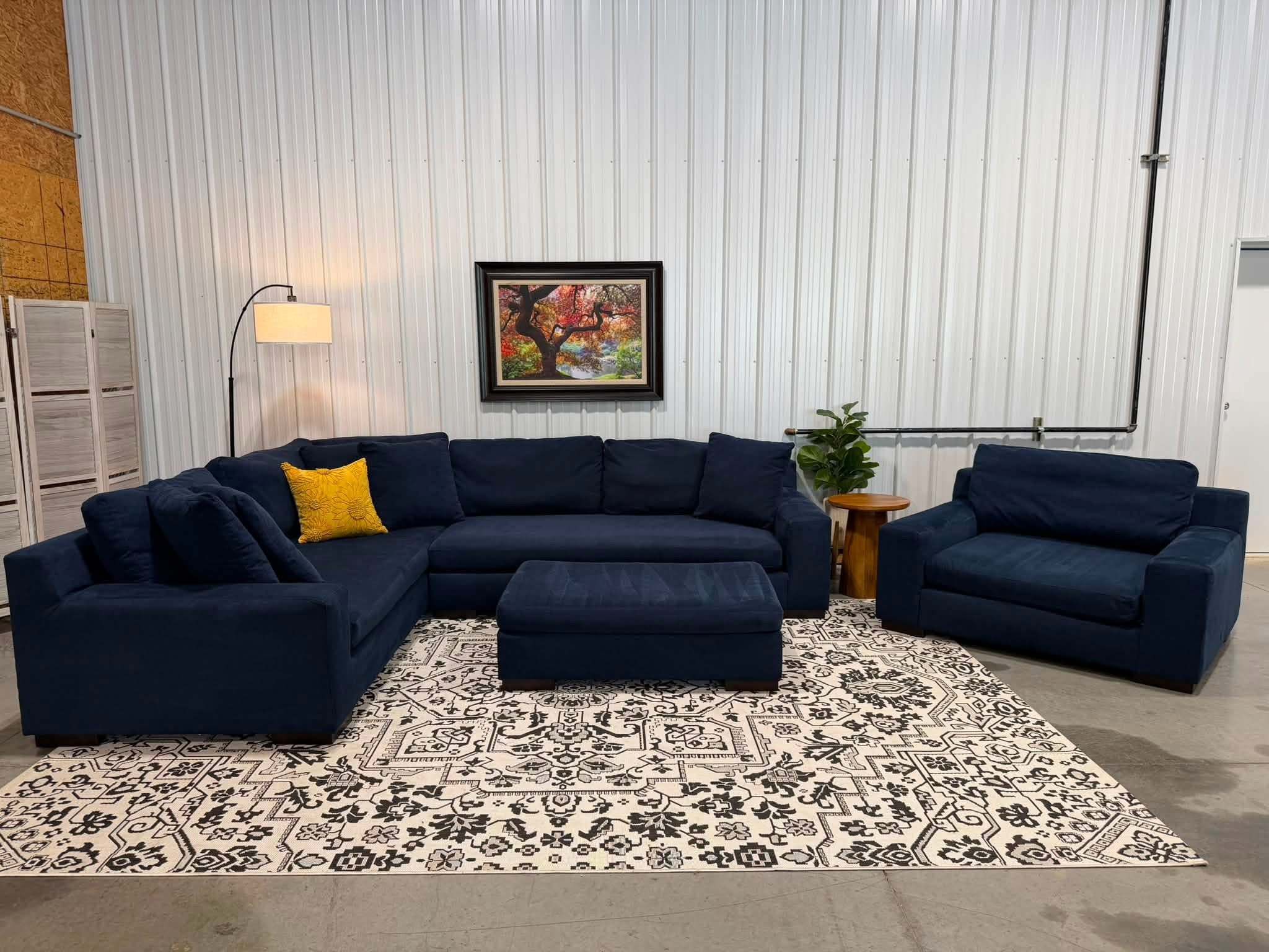 2 Piece Navy Blue Sectional + Oversized Chair & Ottoman