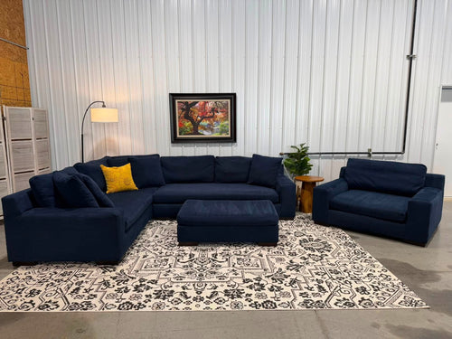 2 Piece Navy Blue Sectional + Oversized Chair & Ottoman