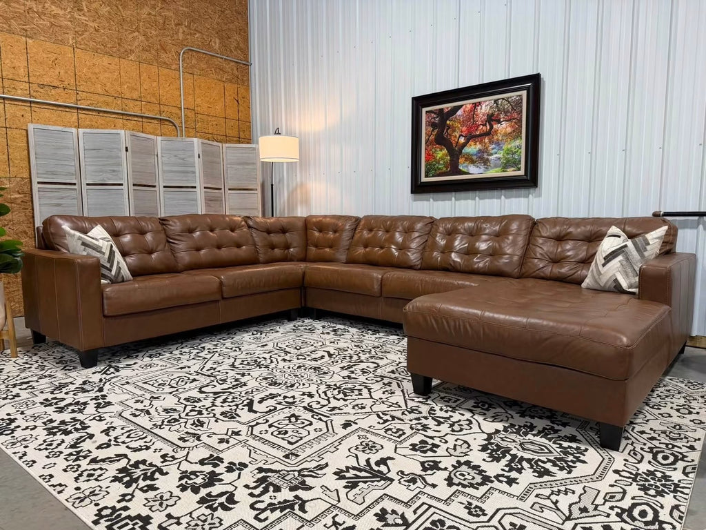 4 Piece Cognac Genuine Leather Sectional w/ Chaise