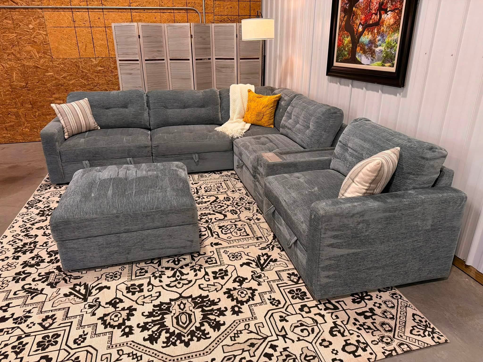 7 Piece Modular Light Blue/Gray Sectional + Storage Ottoman