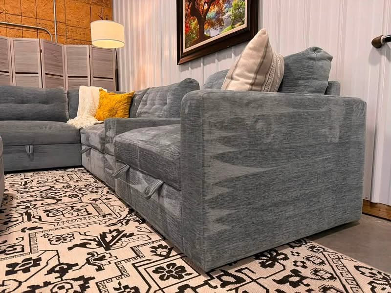 7 Piece Modular Light Blue/Gray Sectional + Storage Ottoman