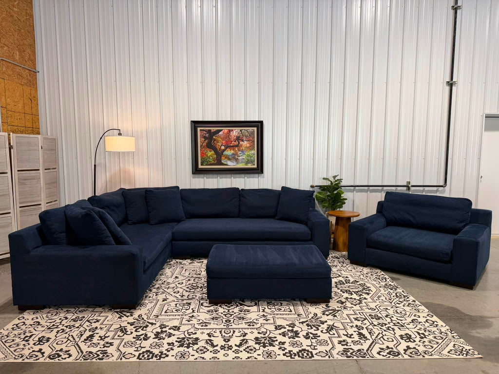 2 Piece Navy Blue Sectional + Oversized Chair & Ottoman